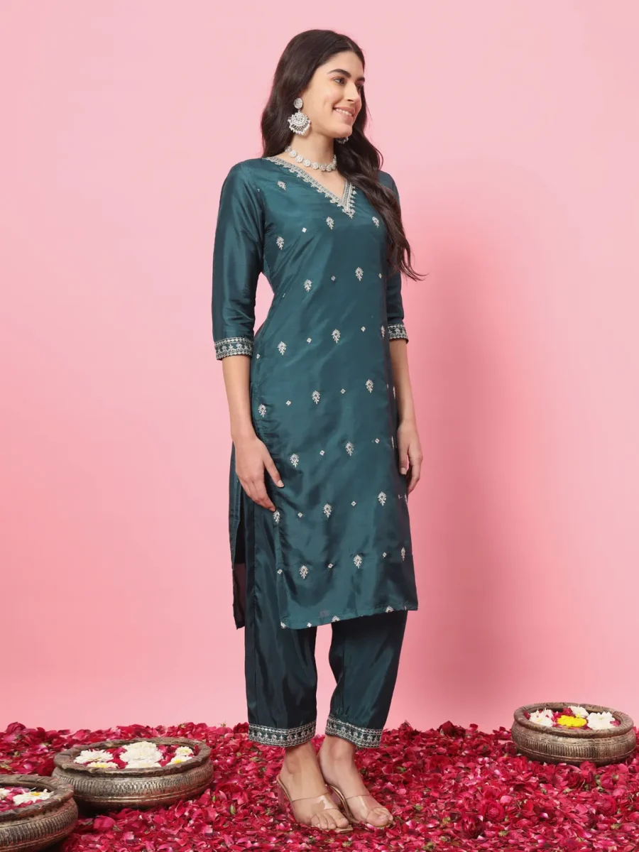 Triveni Silk Blend Kurta and Trouser Set with Organza Dupatta | VICORA