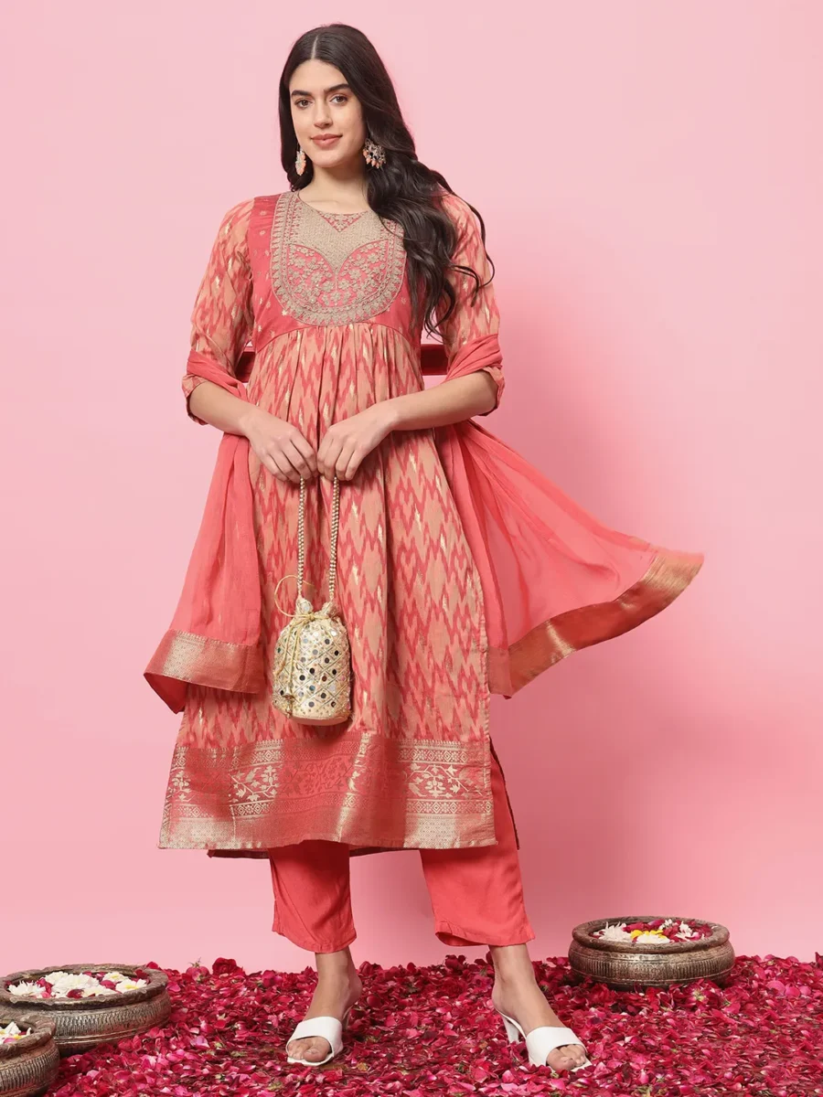 Gautami Peach Cotton Silk Embellished Flared Suit Set | VICORA