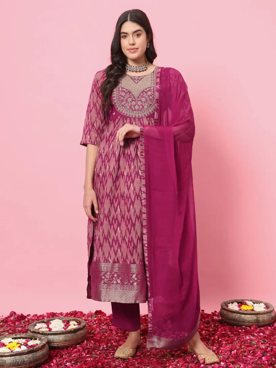 Zariya Flared Kurta and Trousers Pant Set Cotton Silk Blend | VICORA