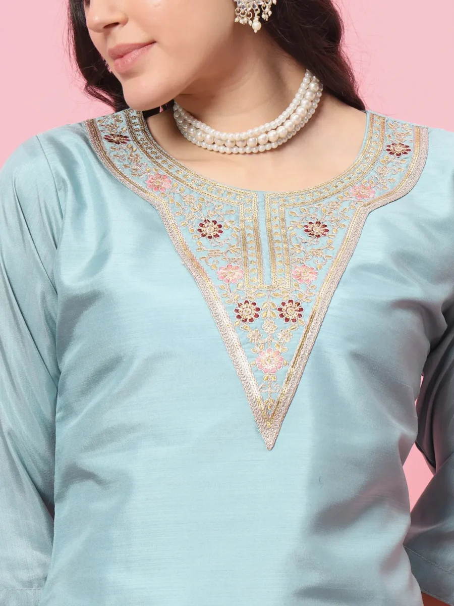 Tushi Womens Silk Blend Embroidered Kurta Pant Set with Dupatta Elegant Ready to Wear | VICORA