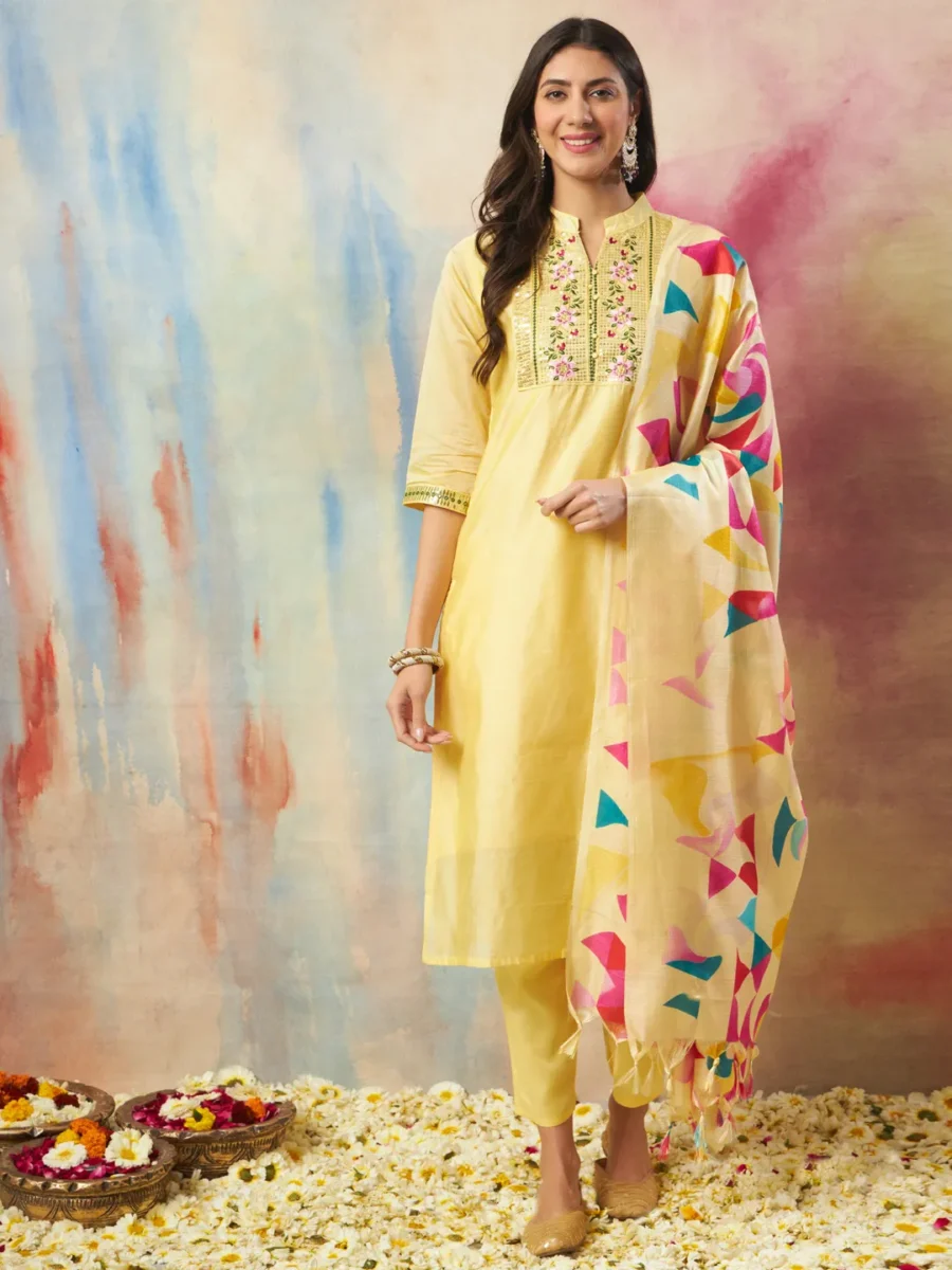 Kriti Women Kurta and Trouser Duppata Set chanderi modal Butti | VICORA