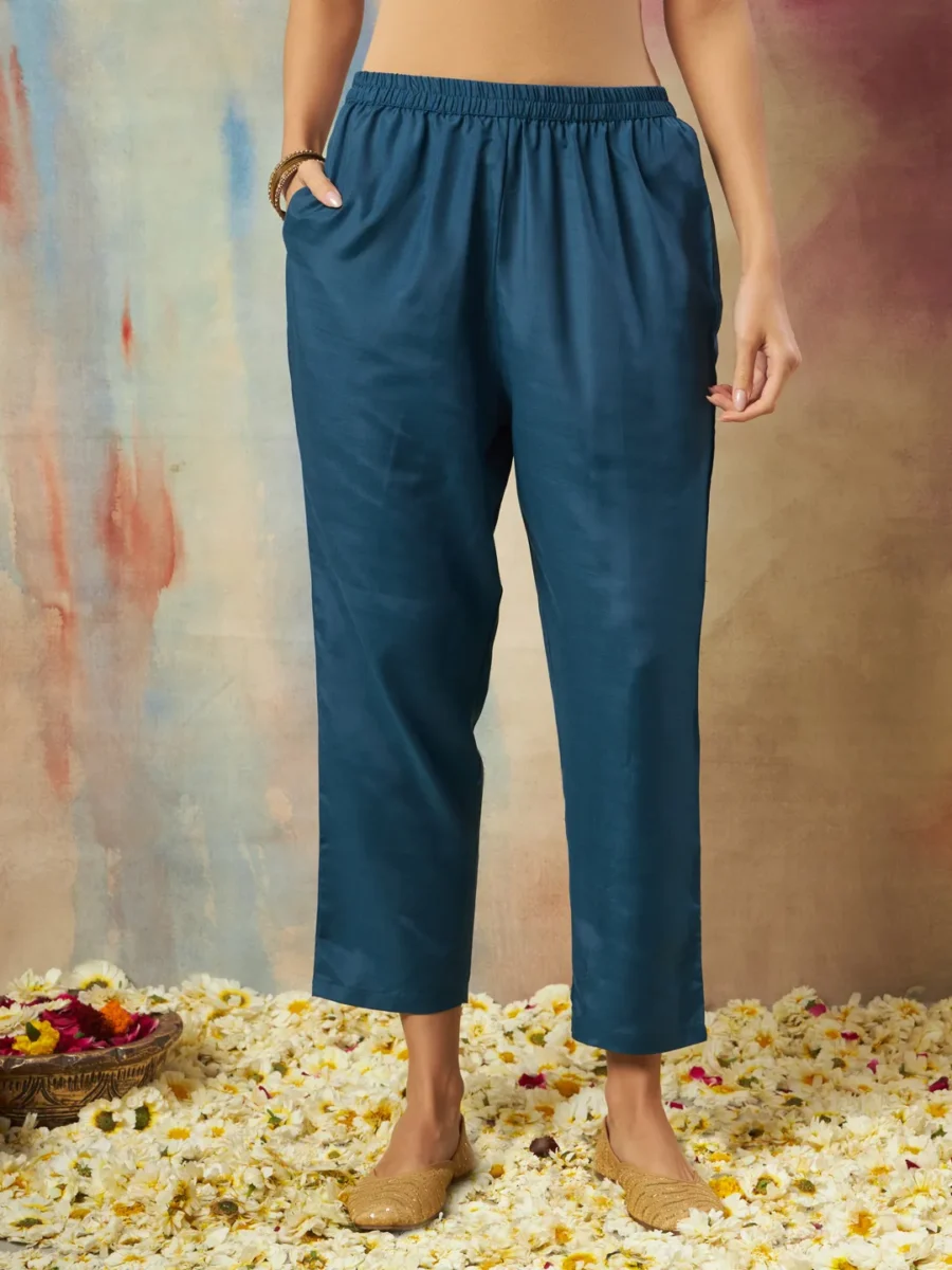 Nritya Women Flared Kurta and Trousers Pant Set Cotton Silk Blend | VICORA