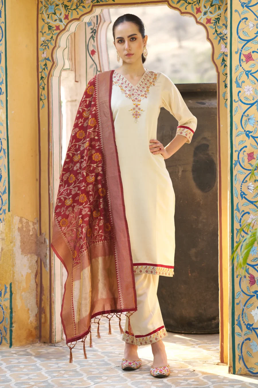 Varnika Women’s Silk Blend Kurta Pant Set with Banarasi Dupatta Embroidered Ethnic Wear for Elegant Look | VICORA