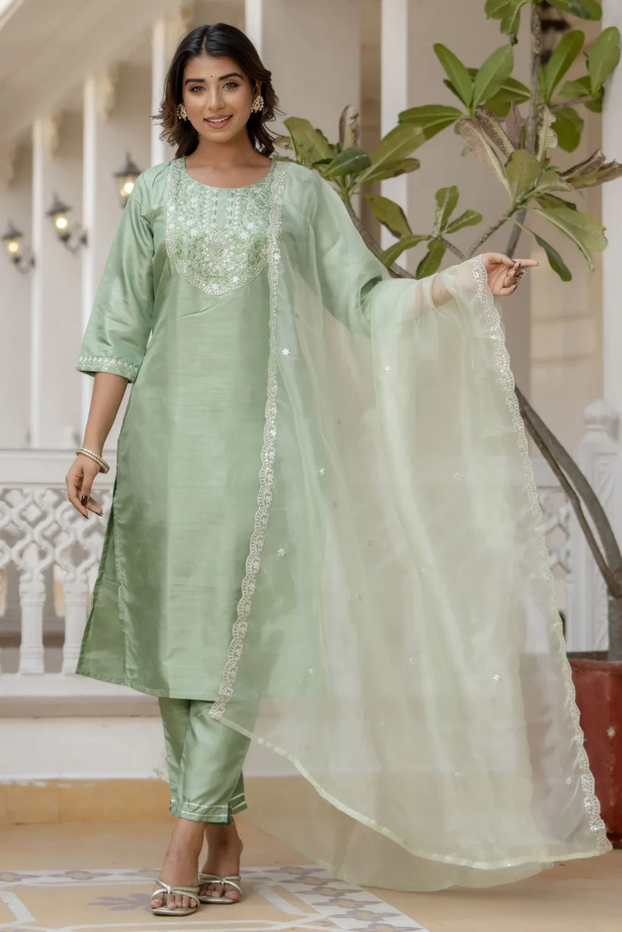 Durga Silk Blend Embroidered Kurta Set with Dupatta | VICORA