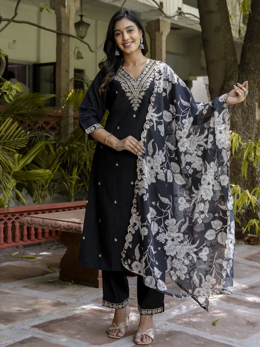 Kavita Charm black Yoke Design Silk Blend Straight Suit With Dupatta | VICORA