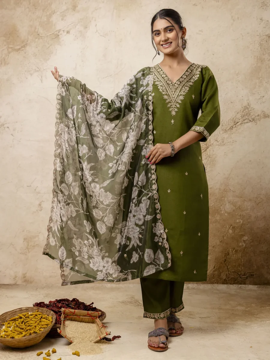 Basudha Embroidered Silk Blend Straight Suit With Dupatta | VICORA
