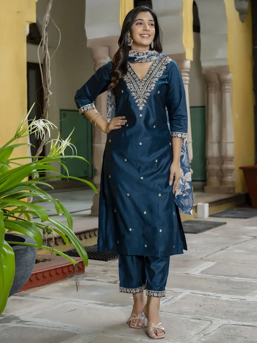 Manu Charm Teal Yoke Design Silk Blend Straight Suit With Dupatta | VICORA
