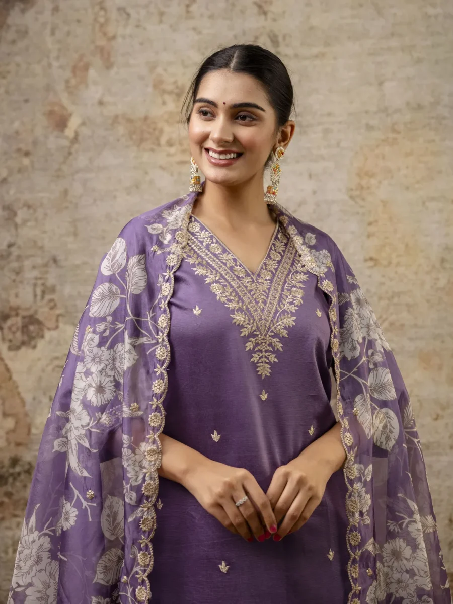 Advitaya Charm Lavender Yoke Design Silk Blend Straight Suit With Dupatta | VICORA