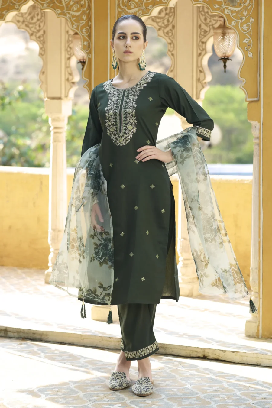 Tara Women’s Viscose Rayon Kurta Pant Set Embroidered Ethnic Wear with Organza Dupatta | VICORA
