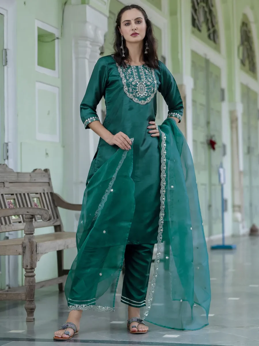 Muskan Silk Blend Embroidered Kurta Set with Dupatta | VICORA