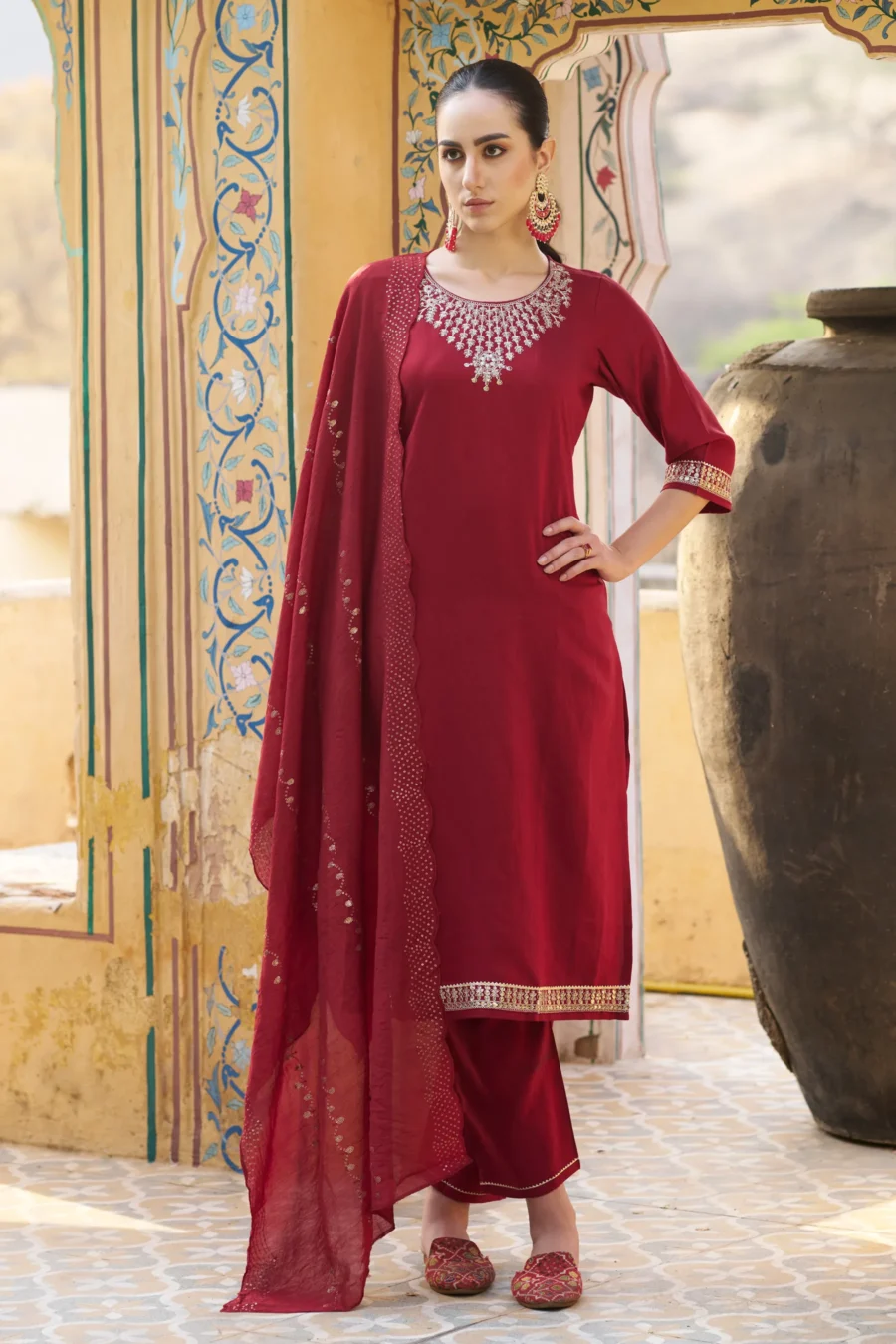 Divyaa Womens Embroidered Viscose Rayon Kurta Pant Set with Chanderi Silk Dupatta Stylish Ethnic Wear | VICORA