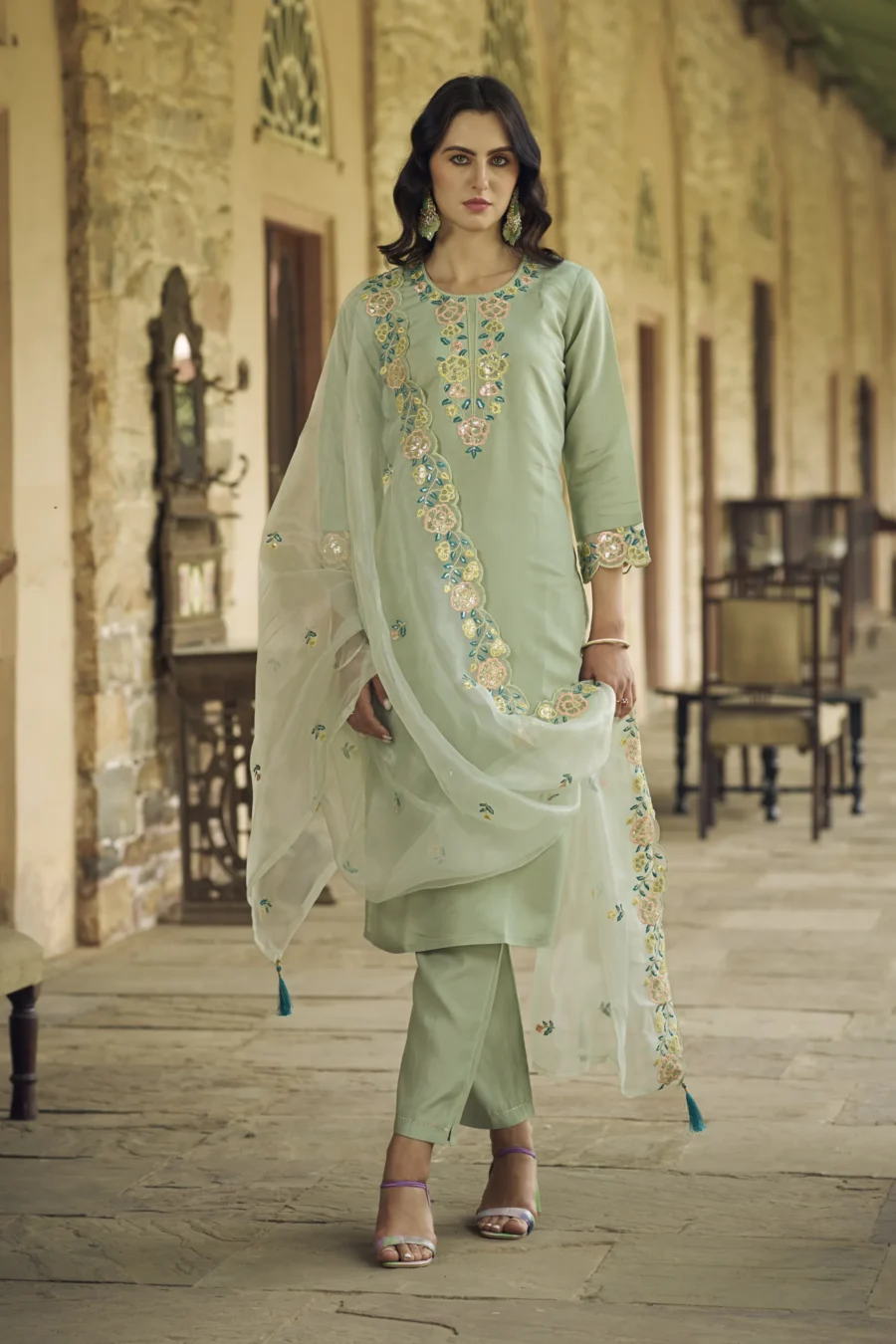 Sanskriti Women Kurta and Pant Sets Viscos Roman Silk Fabric | VICORA