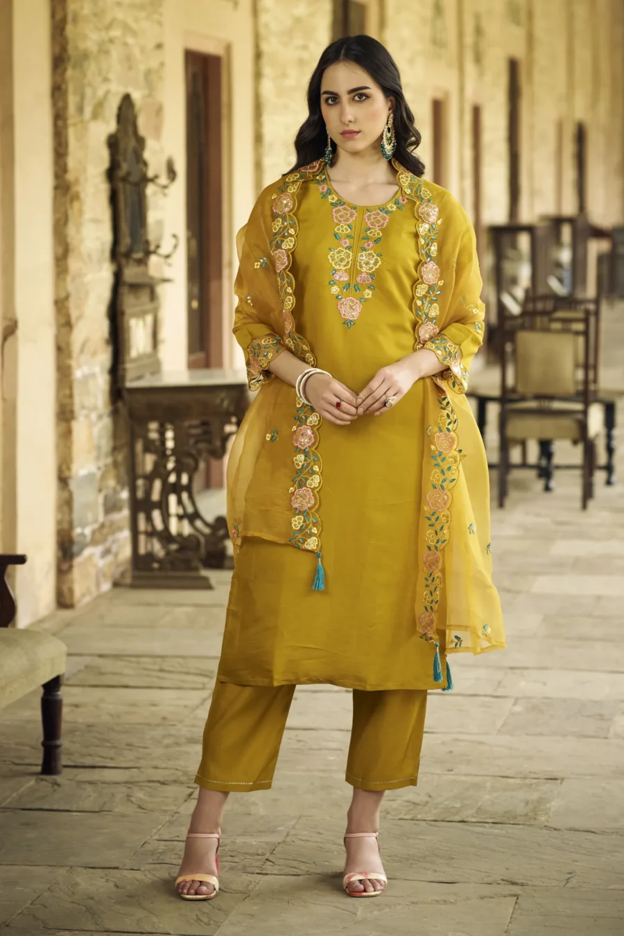 Noushin Women's Embroidered Viscose Roman Silk Kurta Pant Set with Organza Dupatta Elegant Lightweight Ethnic Wear | VICORA