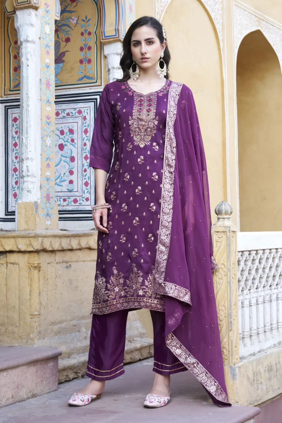 Arya Women Kurta and Pant Sets Dupatta Viscose Rayon Silk Blend with Handwork | VICORA