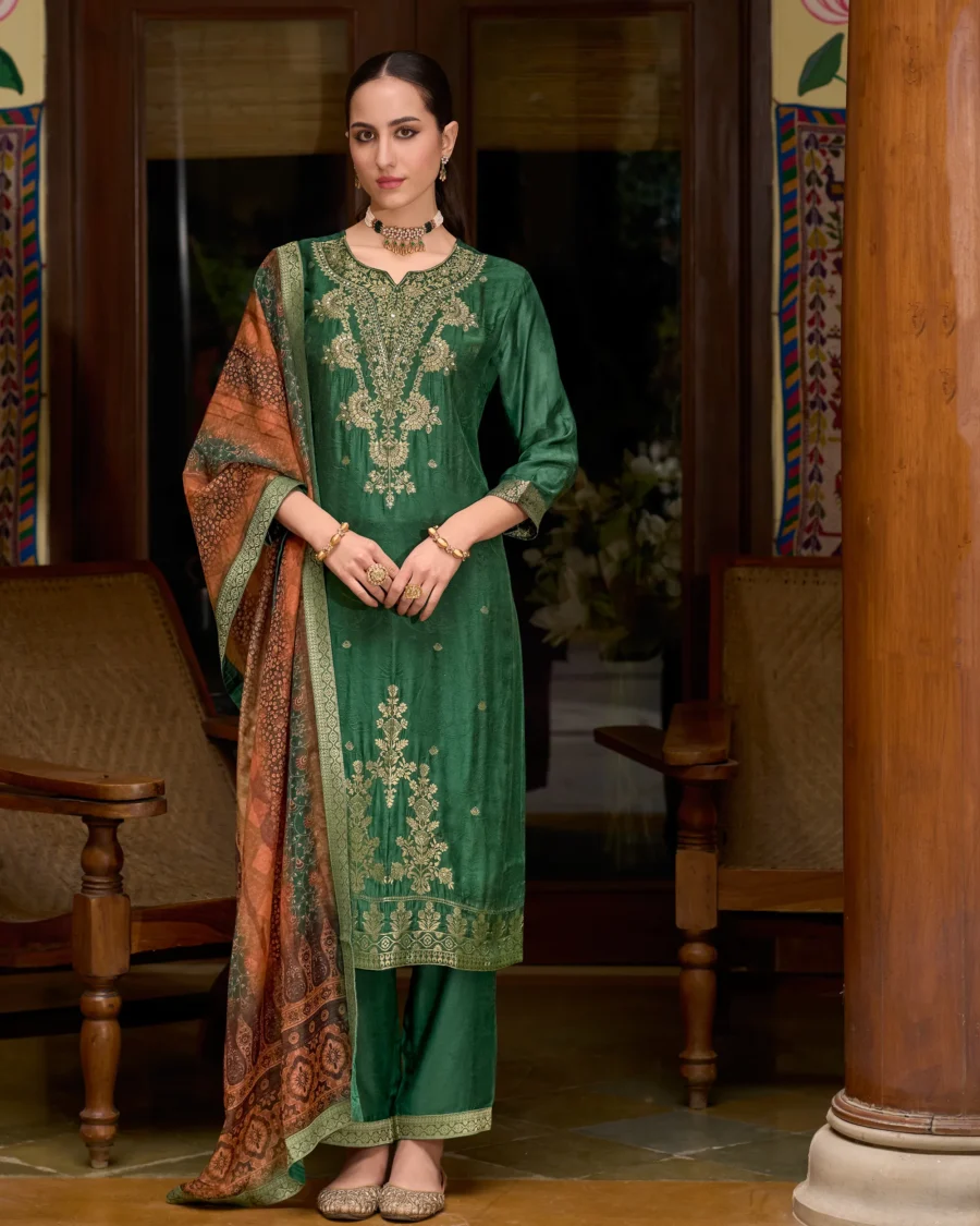 Saubhagya Viscose Self Jacquard Women Kurta and Trouser Duppata Set | VICORA