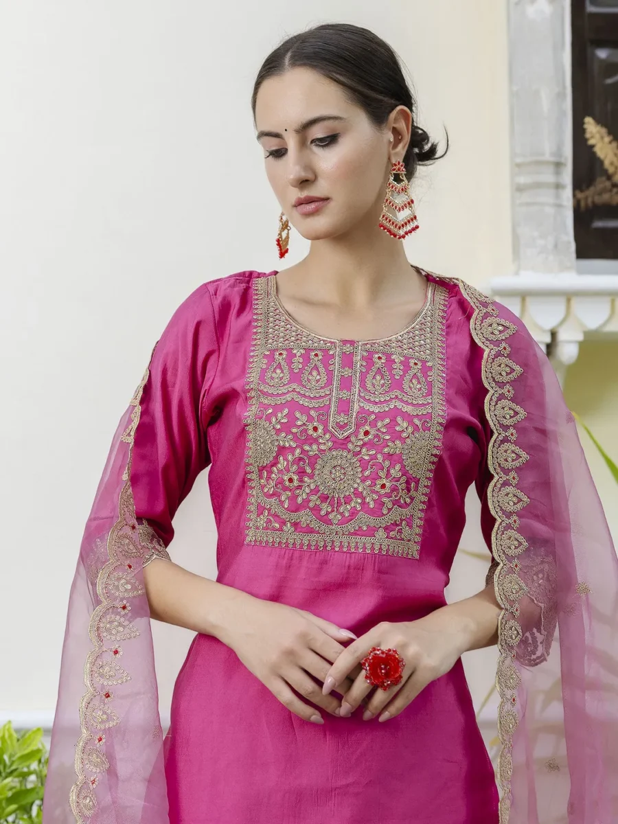 Aabharan Elegant Silk Blend Kurta Pant Dupatta Set Lightweight Soft Ready to Wear Stylish Outfit | VICORA