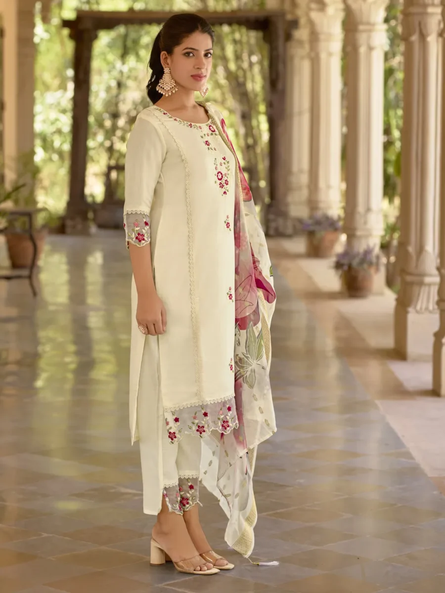 Aadhira Viscose Roman Silk Calf Length Kurta Set Dupatta | VICORA