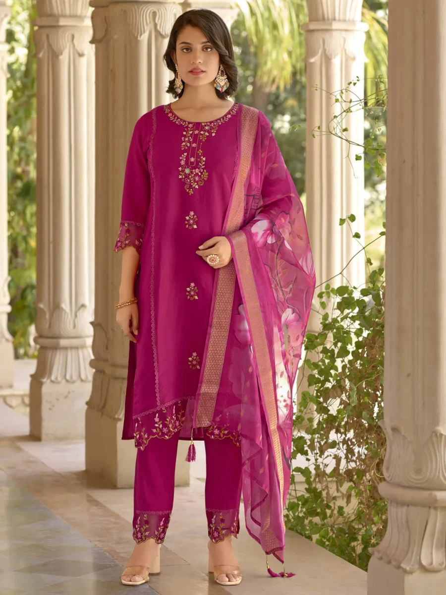 Sunita Viscose Roman Silk Calf Length Kurta Set Dupatta | VICORA