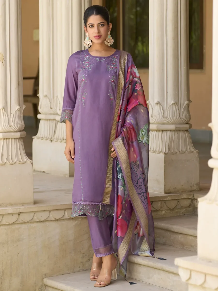 Saleena Viscose Silk Embroidery Straight Kurta Pant with Dupatta Suits | VICORA