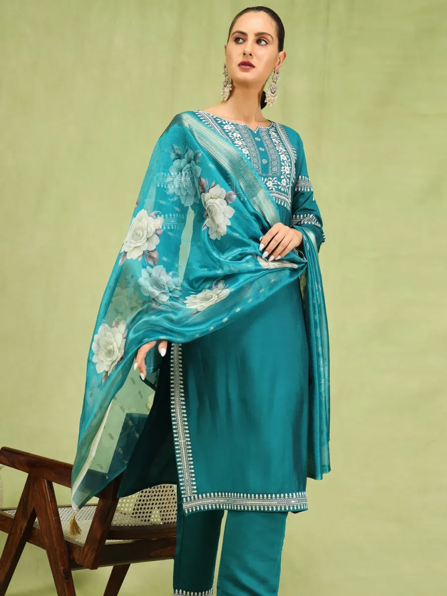 Aathmika Women’s Viscose Roman Silk Embroidery Straight Kurta Pant with Dupatta Set | VICORA