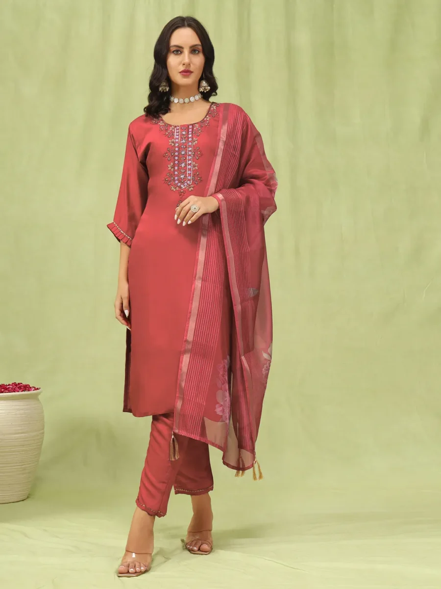 Aishwarya Women’s Viscose Roman Silk Embroidery Straight Kurta Pant with Dupatta Set | VICORA