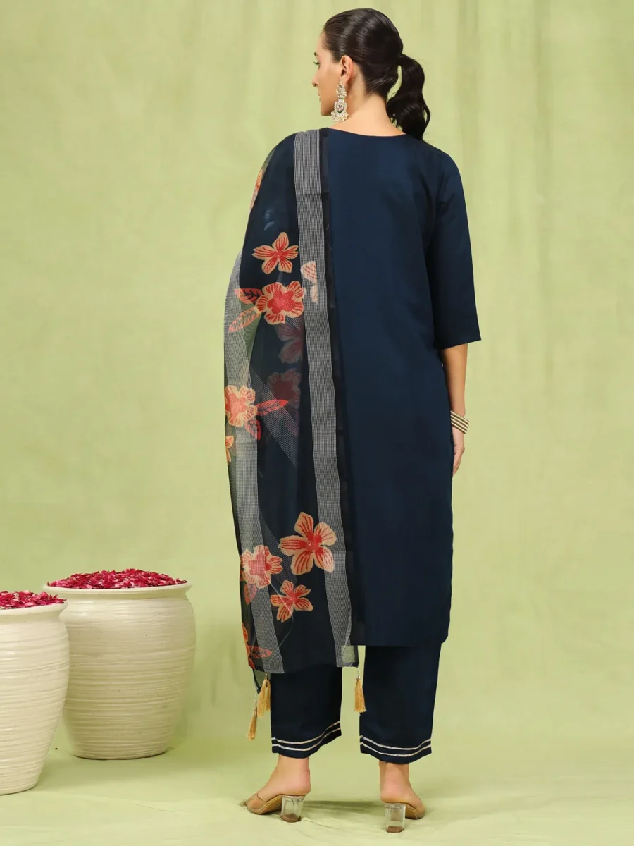 Akruti Women’s Viscose Roman Silk Embroidery Straight Kurta Pant with Dupatta Set | VICORA
