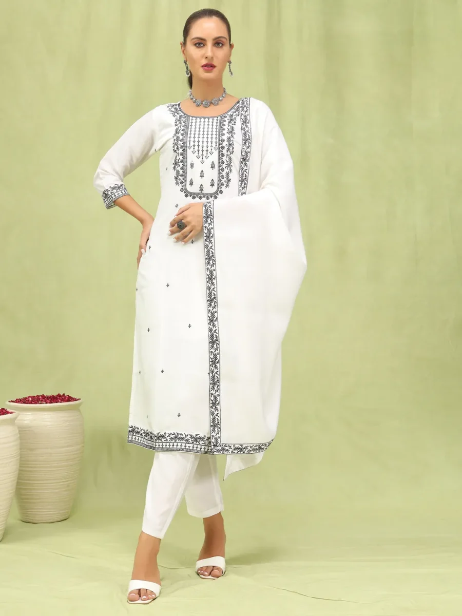 Hansika Women’s Viscose Roman Silk Embroidery Straight Kurta Pant with Dupatta Set | VICORA