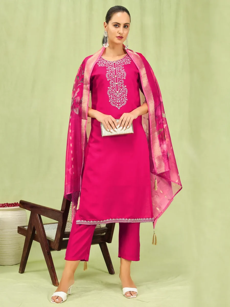 Diya Women’s Viscose Roman Silk Embroidery Straight Kurta Pant with Dupatta Set | VICORA