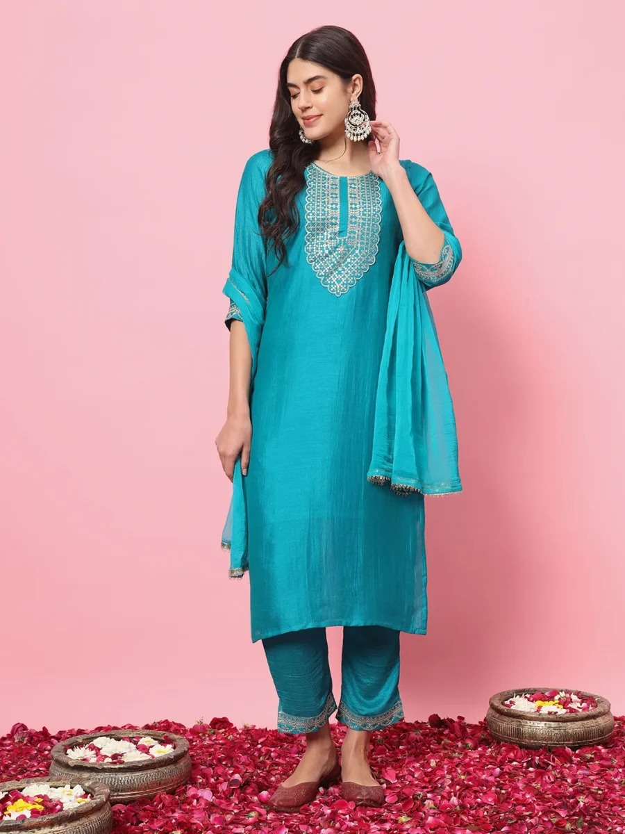 Ishita Bright Blue Silk Blend Yoke Design Kurta and Trousers Pant Set | VICORA