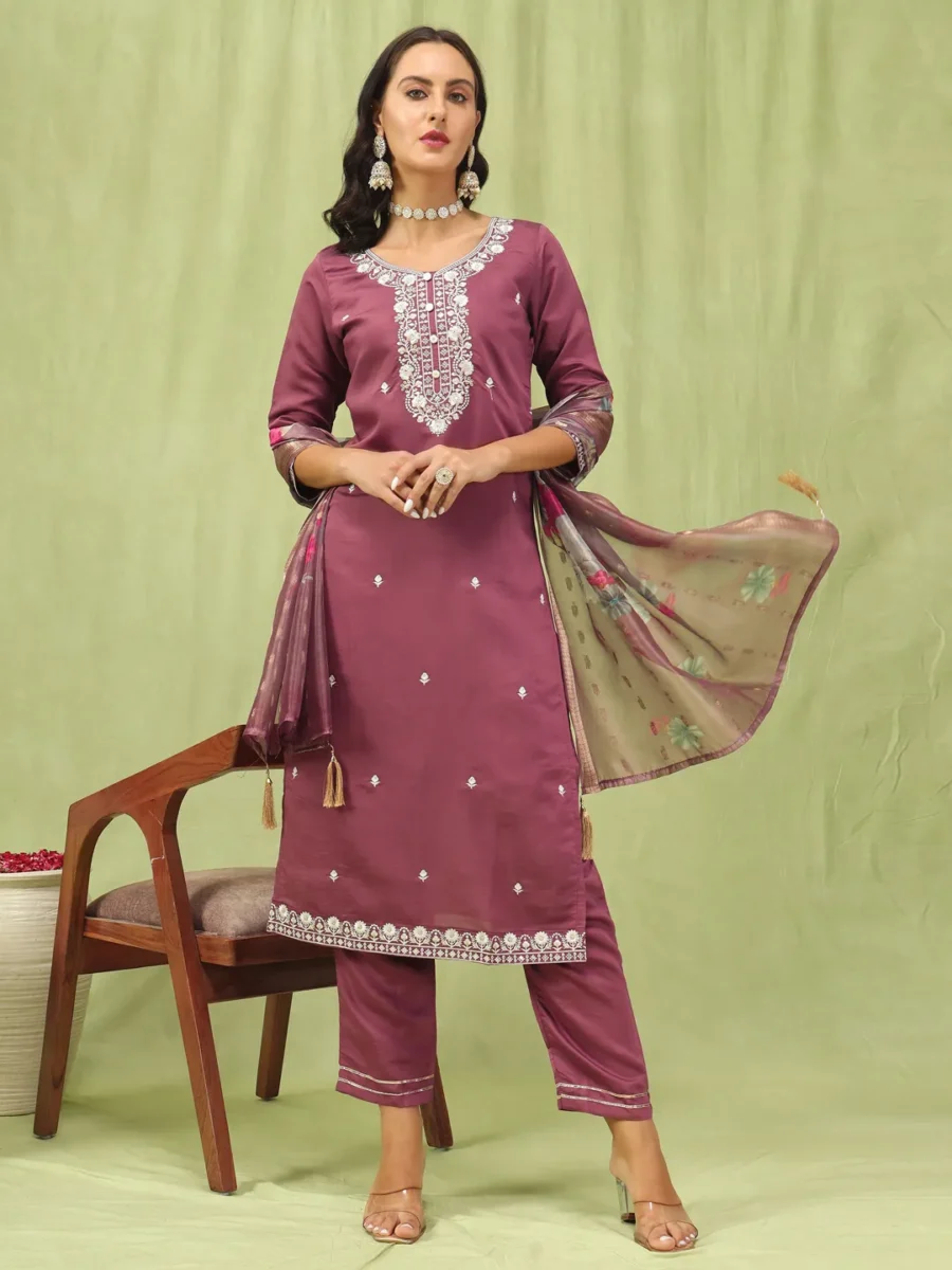 Paavani Viscose Roman Silk Embroidery Straight Kurta Pant with Organza Dupatta Set | VICORA