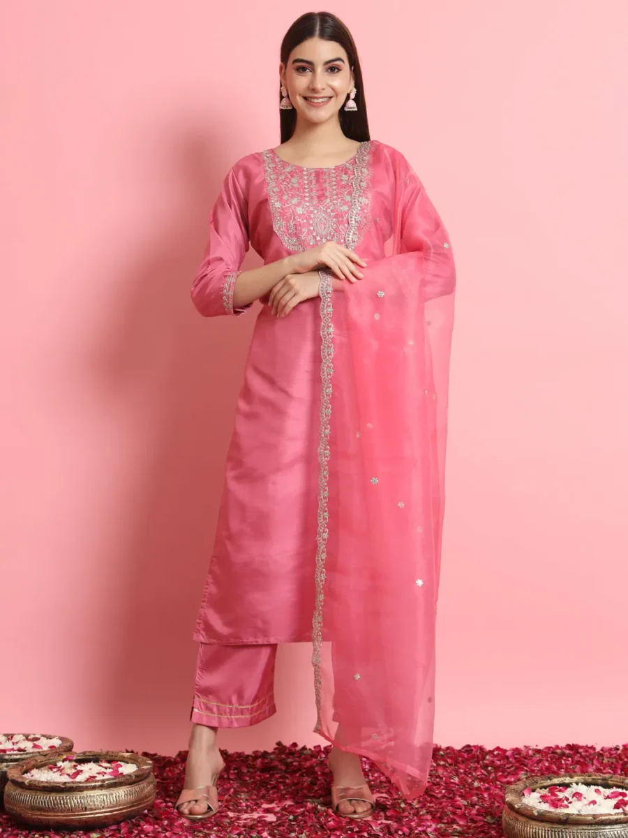 Shringar Silk Blend Embroidered Kurta Set with Dupatta | VICORA