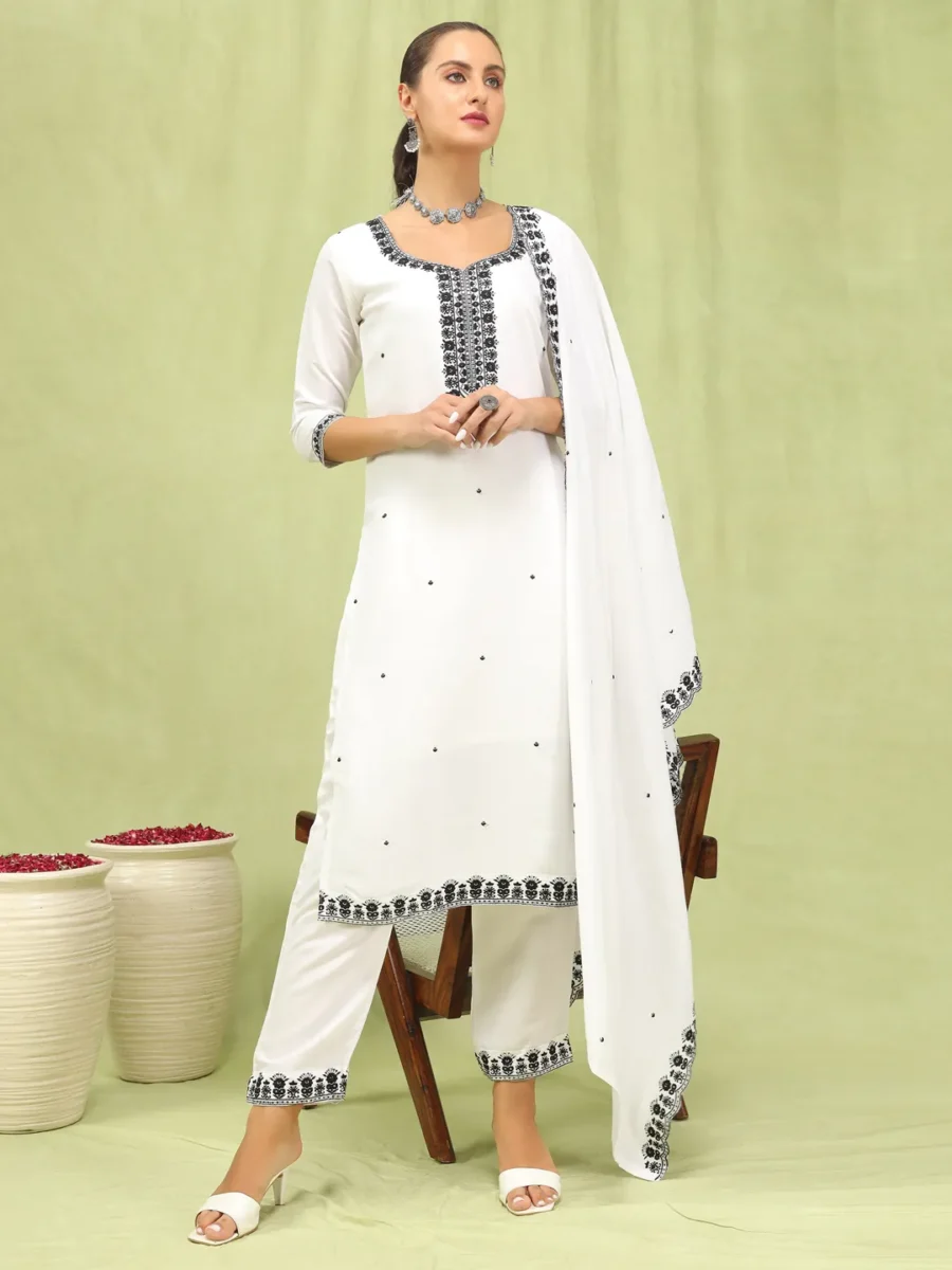 Aranya Women’s Viscose Roman Silk Embroidery Straight Kurta Pant with Dupatta Set | VICORA