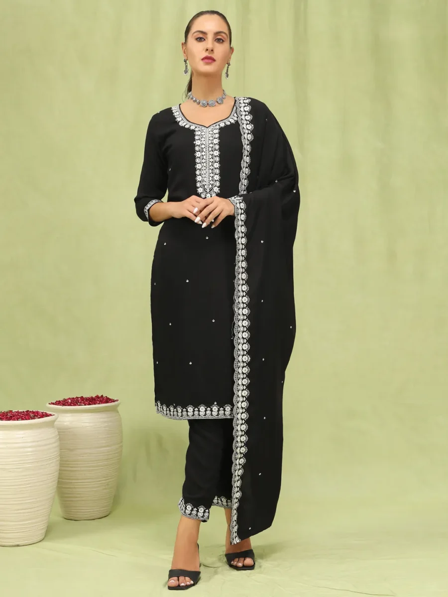 Naysa Women’s Viscose Roman Silk Embroidery Straight Kurta Pant with Dupatta Set | VICORA