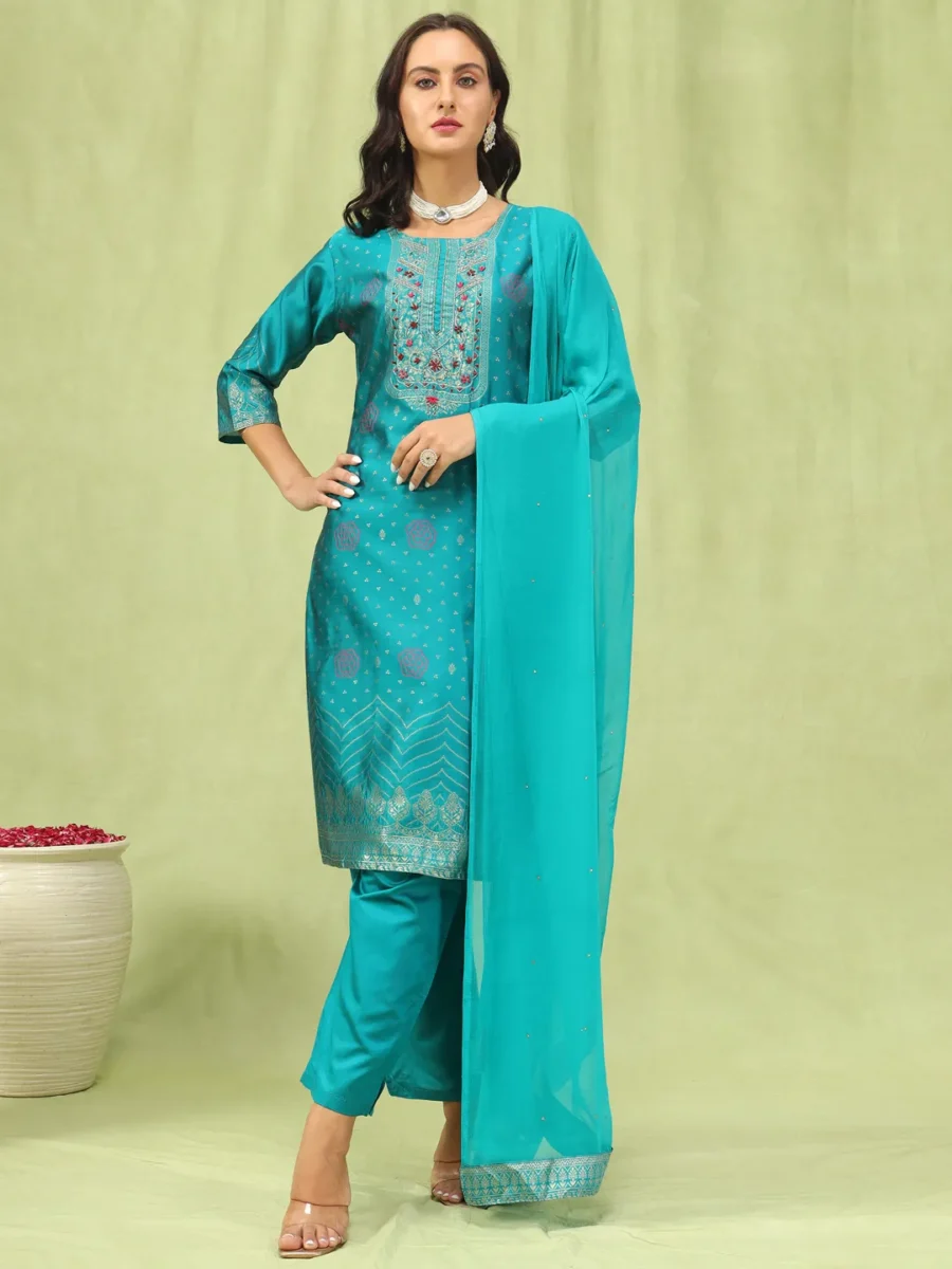 Kavya Women Cotton Silk Blend Kurta and Pant Sets with Handwork and Dupatta | VICORA