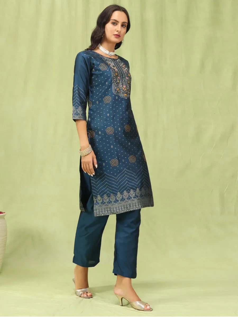 Ganga Women Cotton Silk Blend Straight Suit Set with Handwork | VICORA