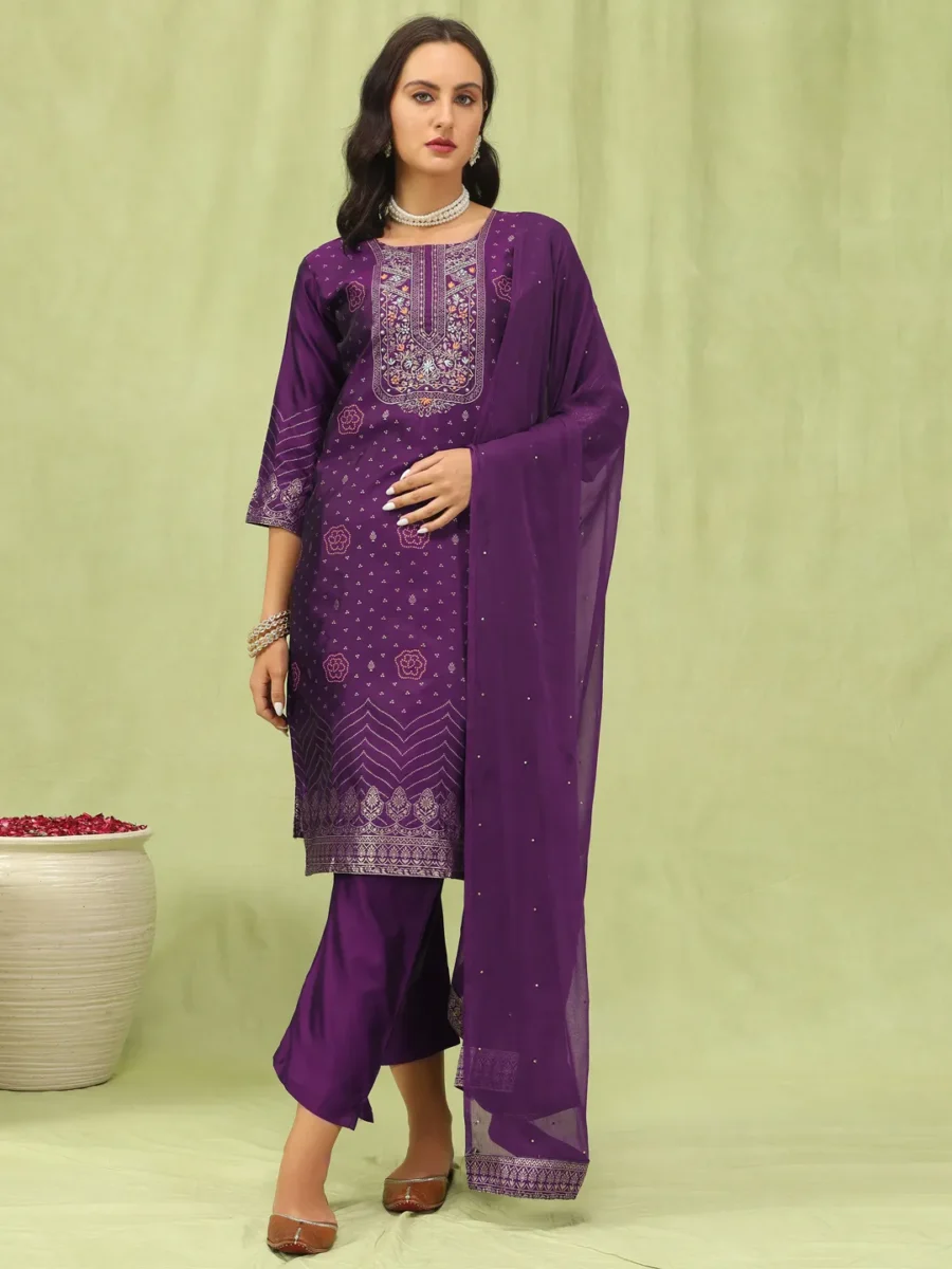 Heera Purple Women Cotton Silk Blend Straight Suit Set with Handwork | VICORA