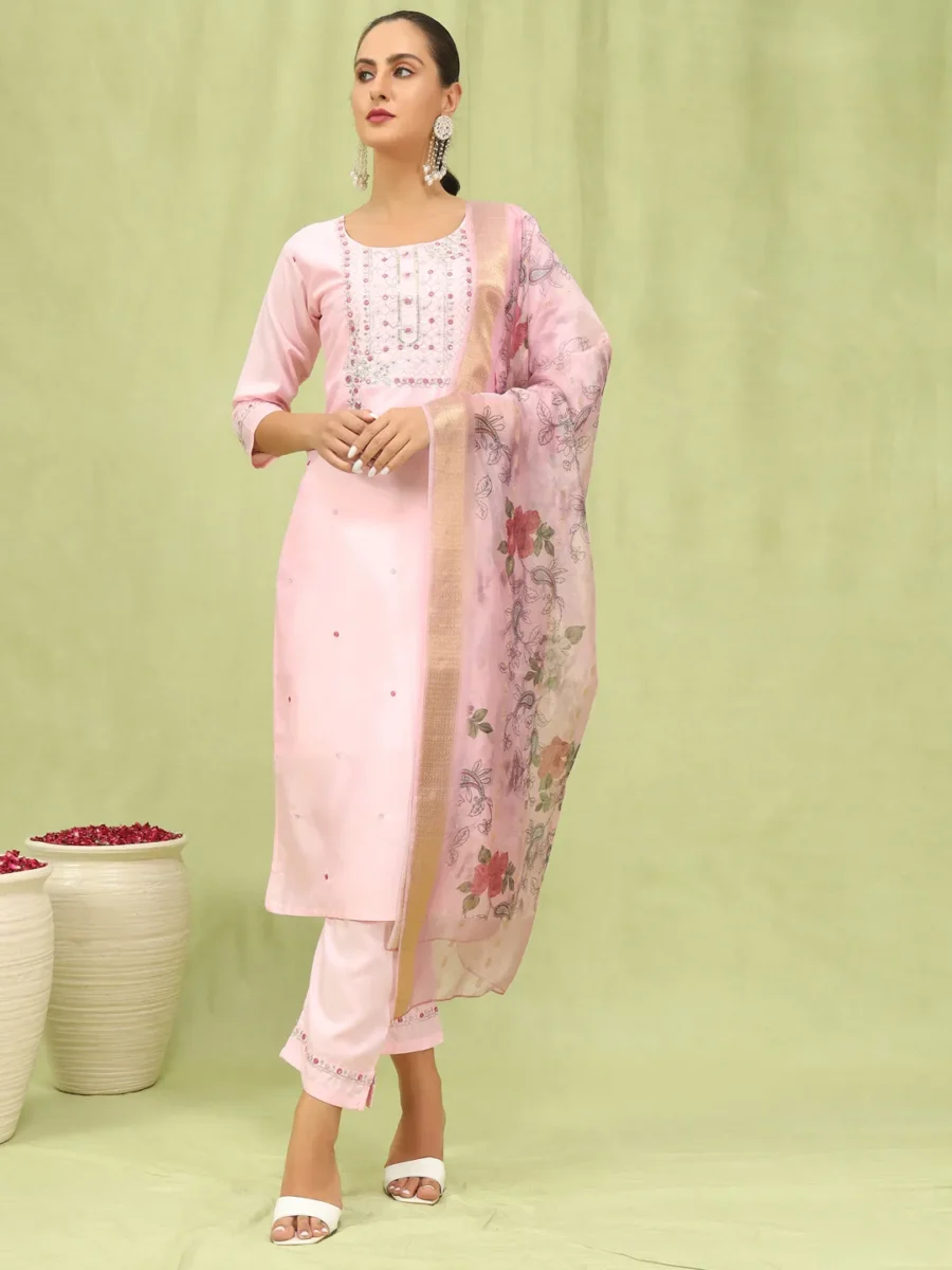 KesarSaga Pink Women Silk Blend Kurta and Trousers Pant Set | VICORA