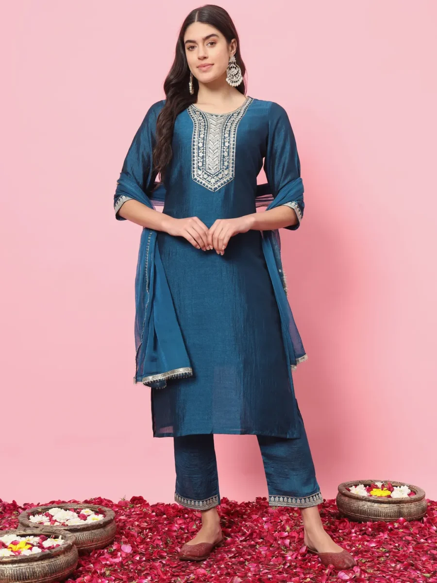 Ishita Bright Blue Silk Blend Yoke Design Kurta and Trousers Pant Set | VICORA