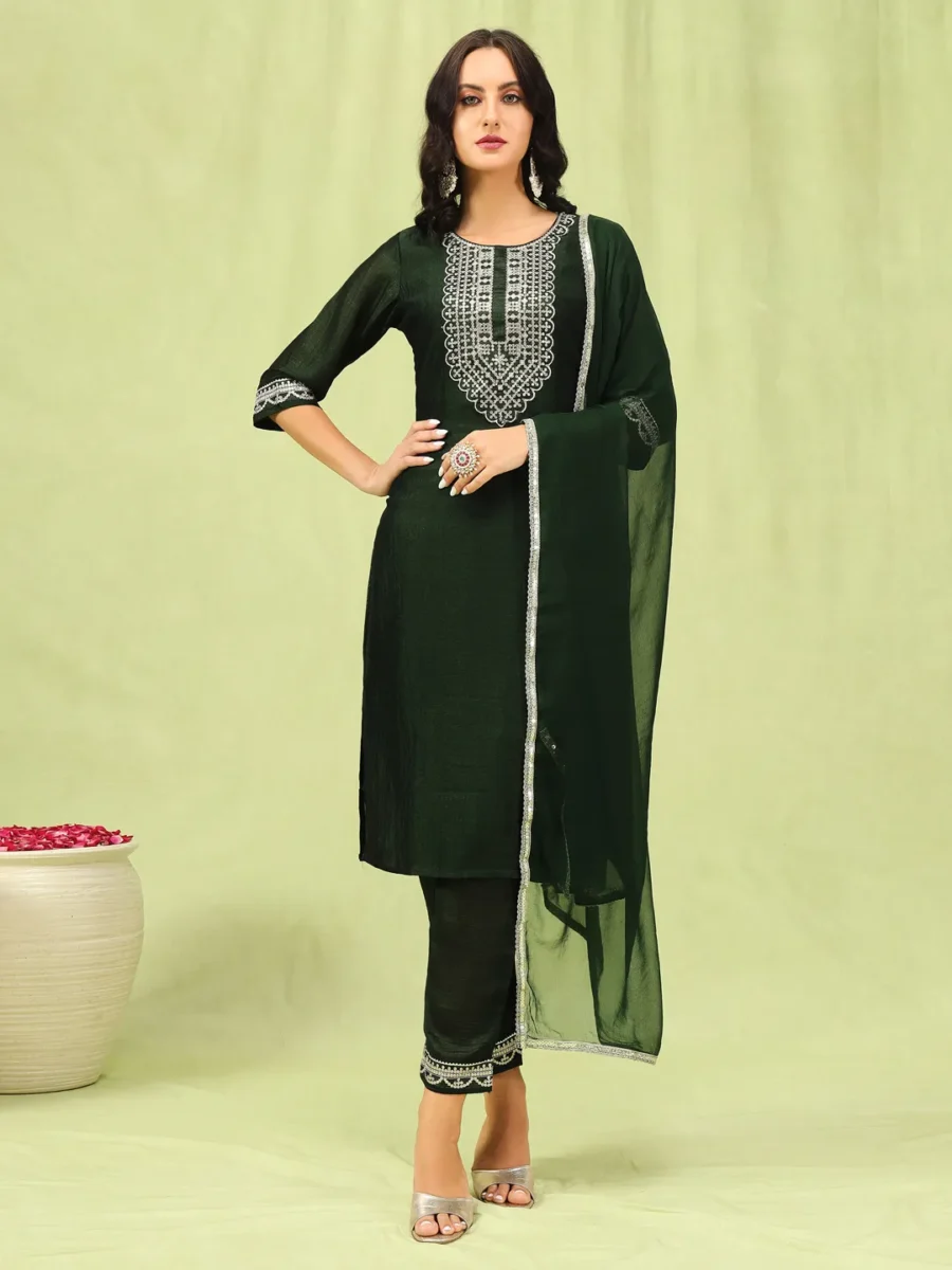 Bhairavi Green Silk Blend Yoke Design Kurta and Trousers Pant Set | VICORA