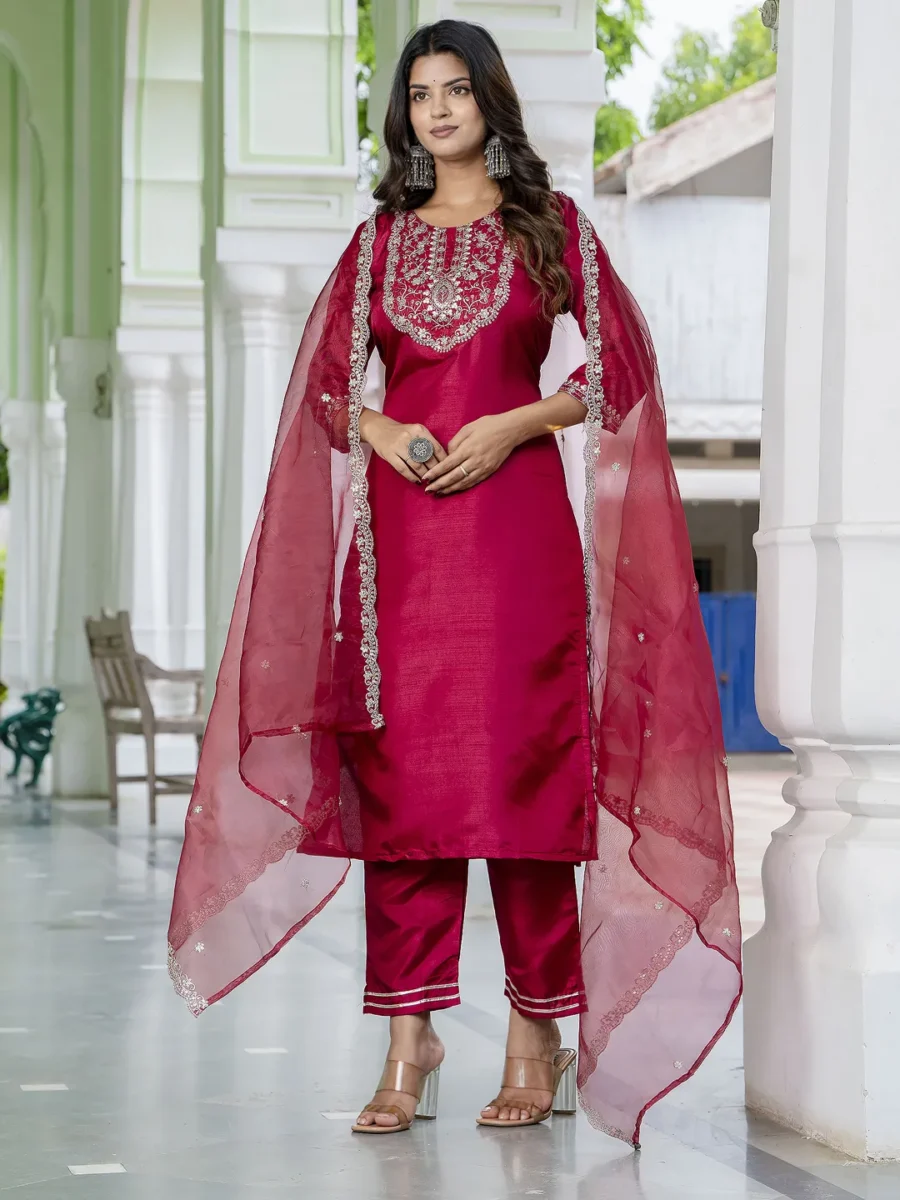 Purnima Silk Blend Embroidered Kurta Set with Dupatta | VICORA