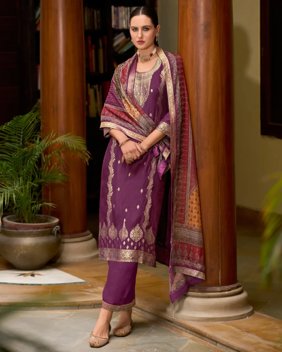 Rajtilak Viscose Self Jacquard Women Kurta and Trouser Duppata Set | VICORA