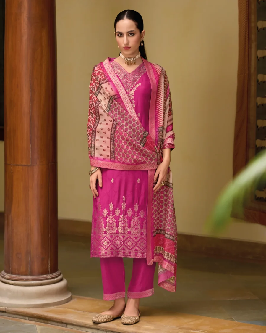 Zarqash Viscose Self Jacquard Women Kurta and Trouser Duppata Set | VICORA