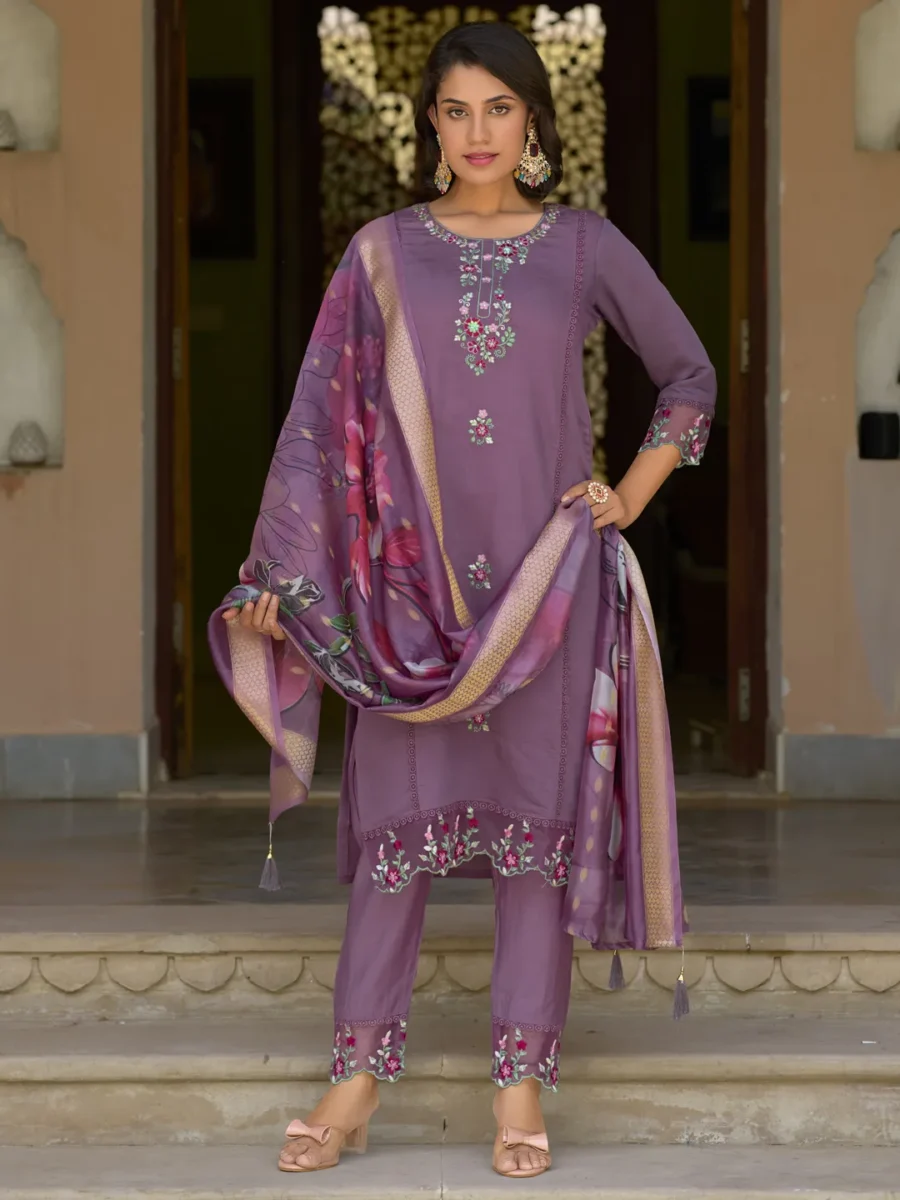 Roop Lavender Solid Silk Blend Straight Suit With Dupatta | VICORA