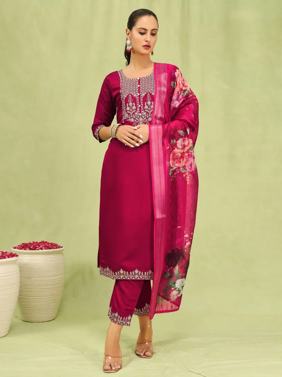 Sanjana Women’s Viscose Roman Silk Embroidery Straight Kurta Pant with Dupatta Set | VICORA