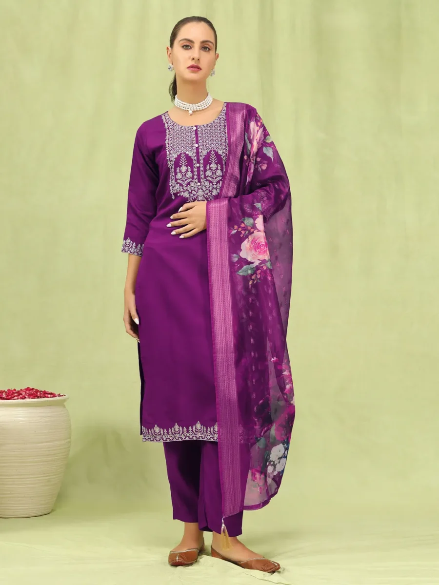 Simran Women’s Viscose Roman Silk Embroidery Straight Kurta Pant with Dupatta Set | VICORA