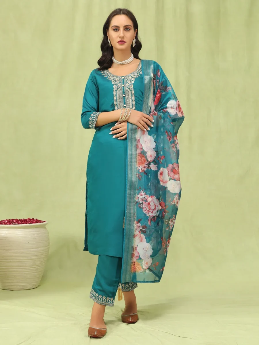 Gauri Women’s Viscose Roman Silk Embroidery Straight Kurta Pant with Dupatta Set | VICORA