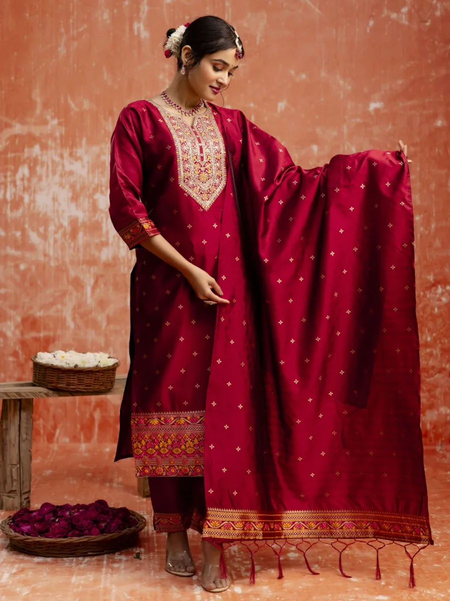 Suchitra Women Maroon Yoke Design Silk Blend Straight Suit With Dupatta | VICORA