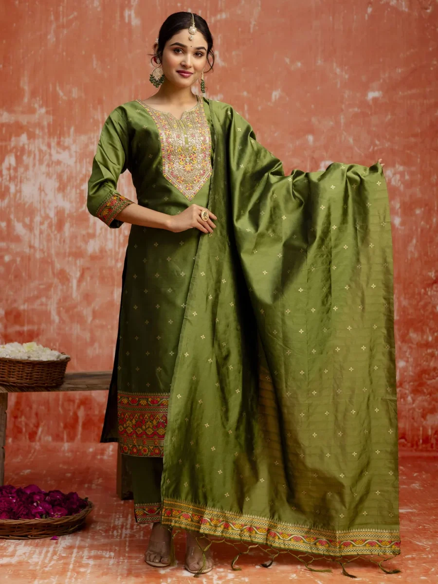 Jiya Women Mehndi Yoke Design Silk Blend Straight Suit With Dupatta | VICORA