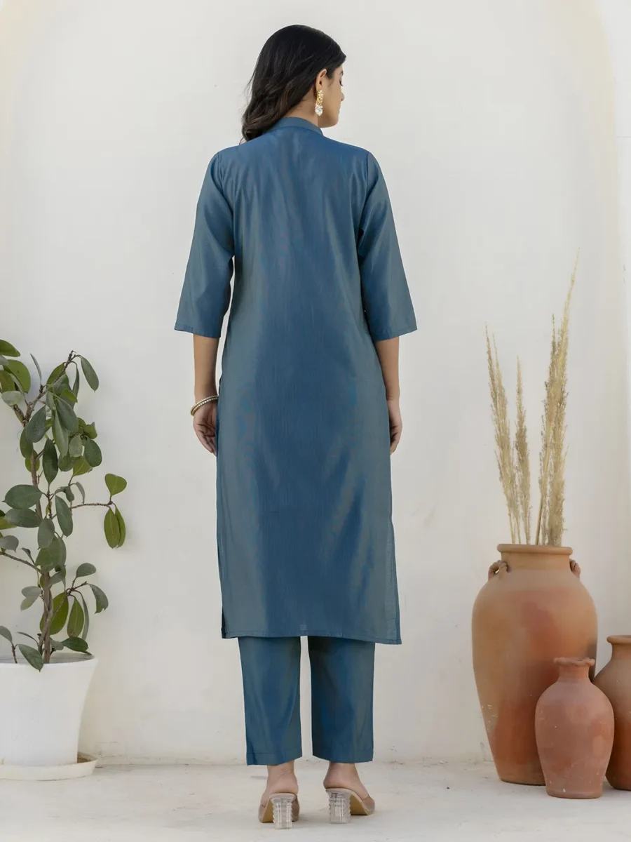 Binita Teal Blue Silk Blend Women Ethnic Suit Sets | VICORA
