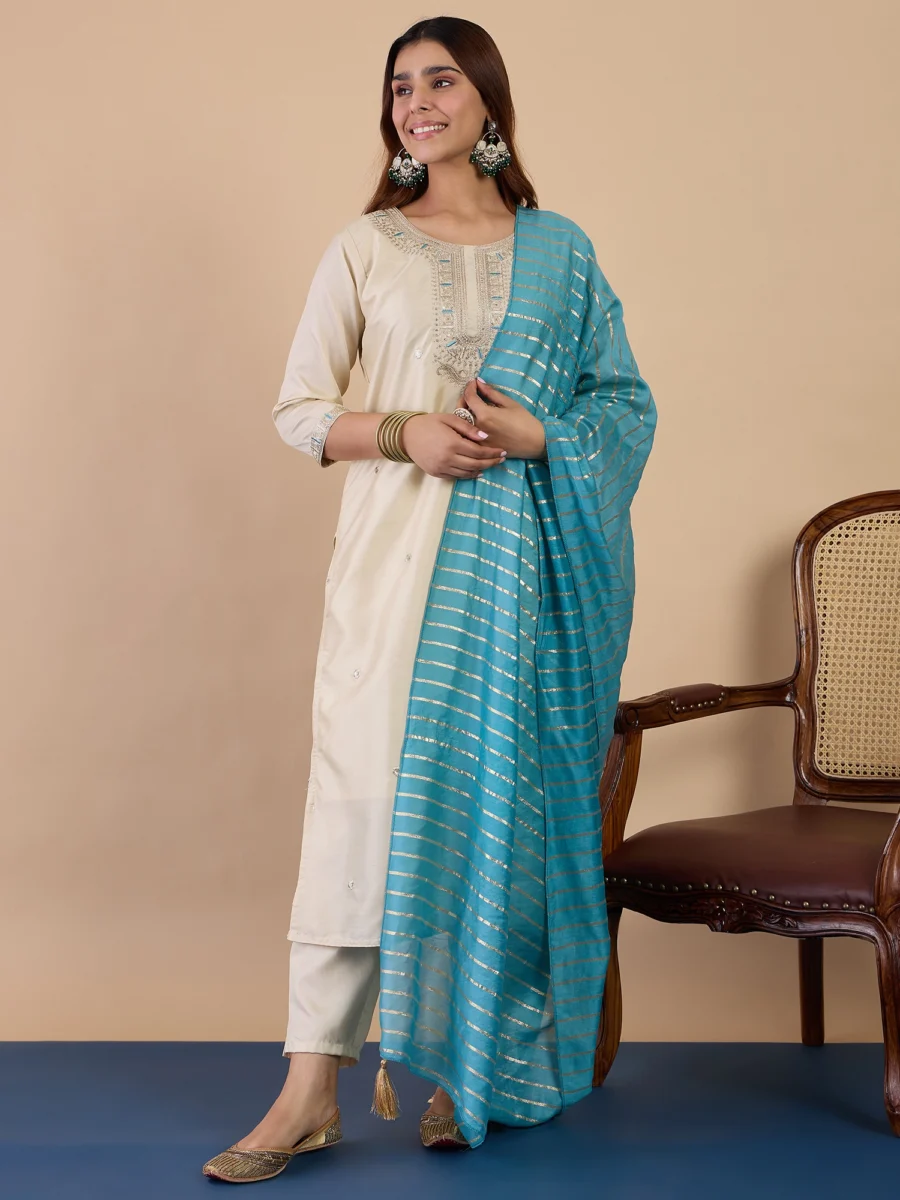 Buy Cream Women's Designer Kurta Pant Set Premium Pattern Collection Online | VICORA